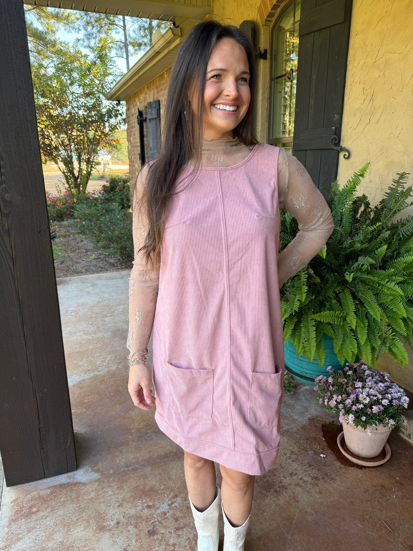 Sleeves Corduroy Mini Dress- Mauve