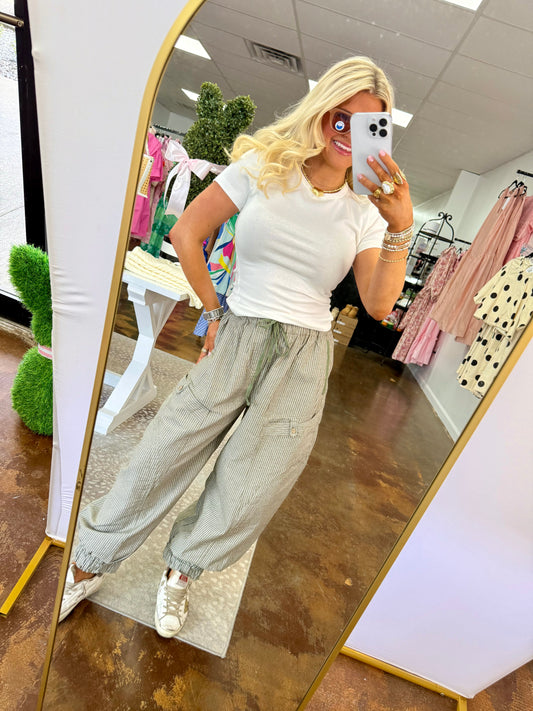 Striped Gathered Ankle Parachute Pants with a Drawstring and Pockets