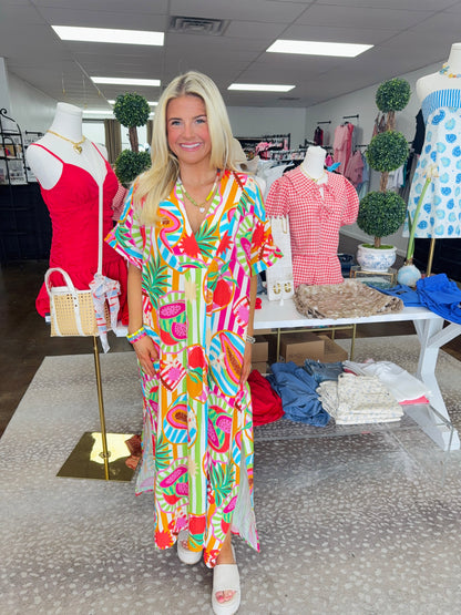 Island Fruit Gauze V- Neck Maxi Dress