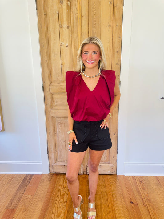 Poplin Bubble Sleeveless Top- Burgandy