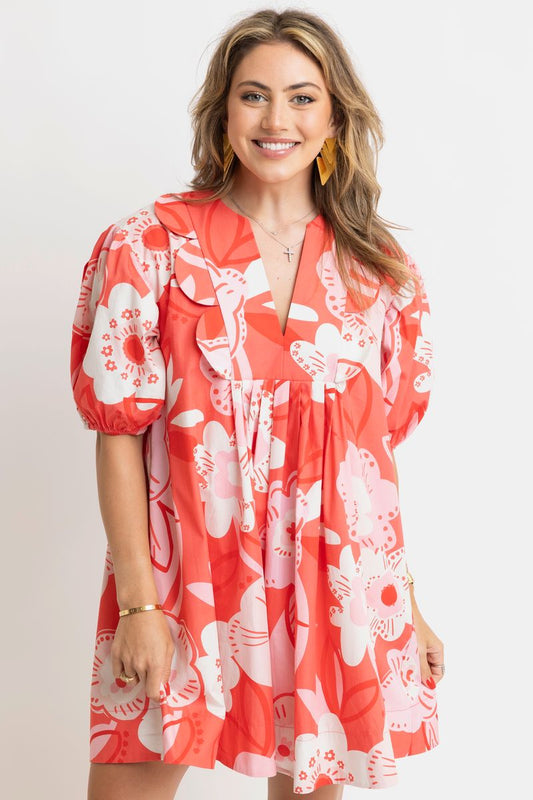 Artist Floral V Neck Scallop Dress