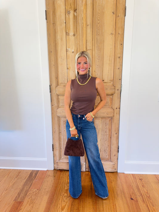 Sleeveless Mock Neck Top - Dark Brown