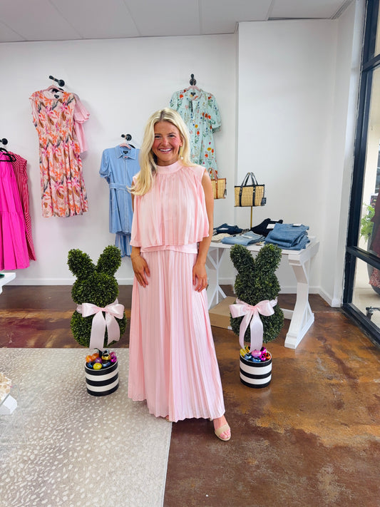 Pleated Detail High Neck Cropped Top & Maxi Skirt Set