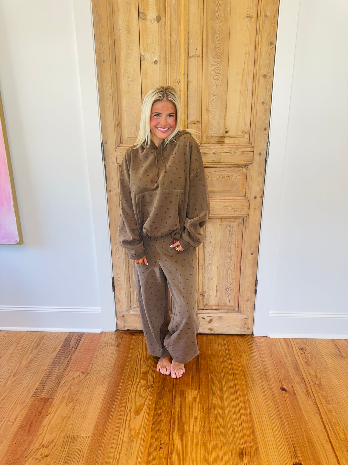 Mocha Star Print Bubble Hoodie &  Elastic Waist Jogger Pants Set
