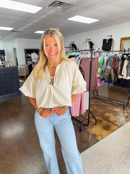 Solid Poplin Bubble Tie 3/4 Sleeve Top - Taupe