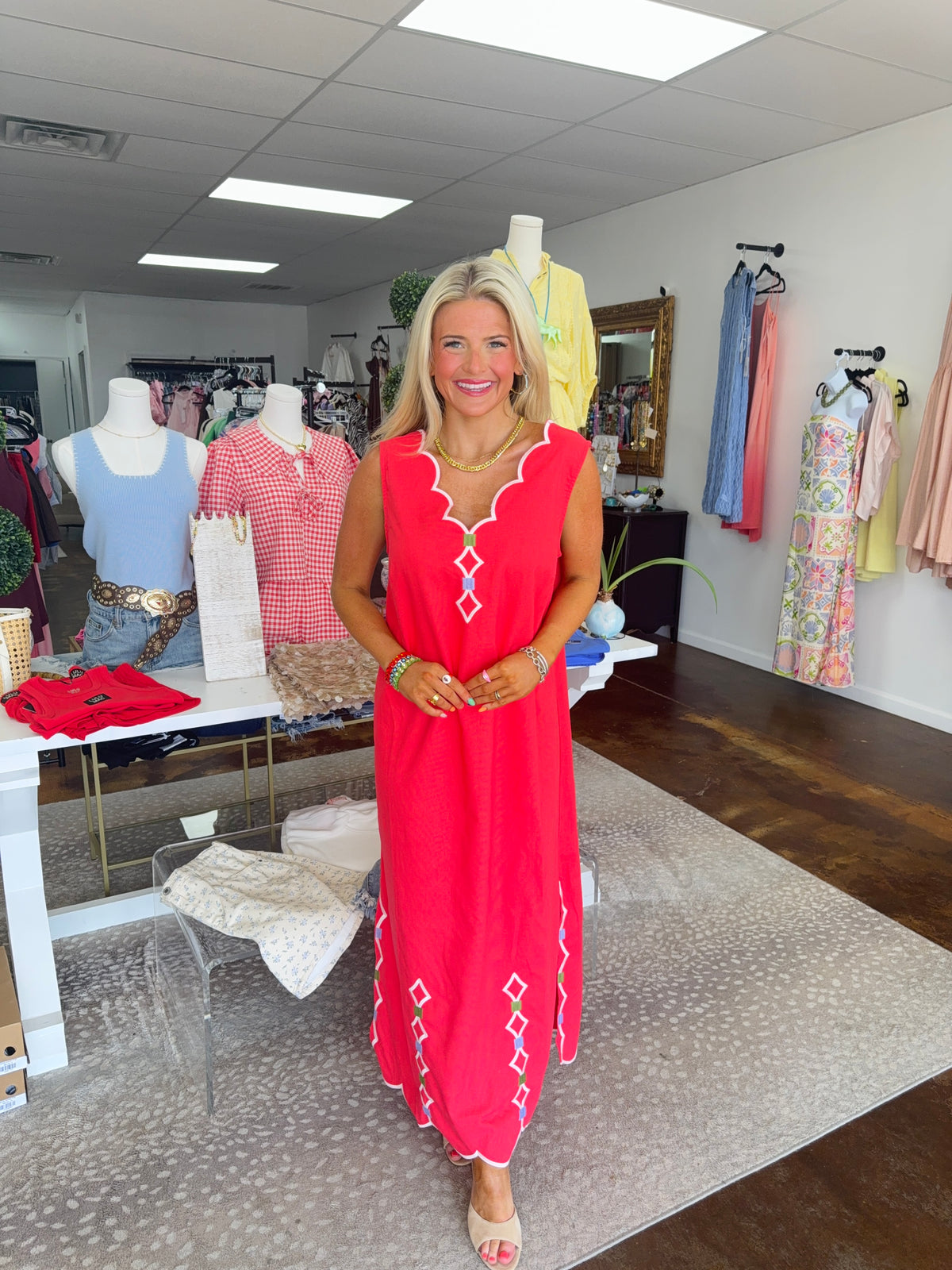 Solid V-Neck Scallop Maxi Dress with Embroidery