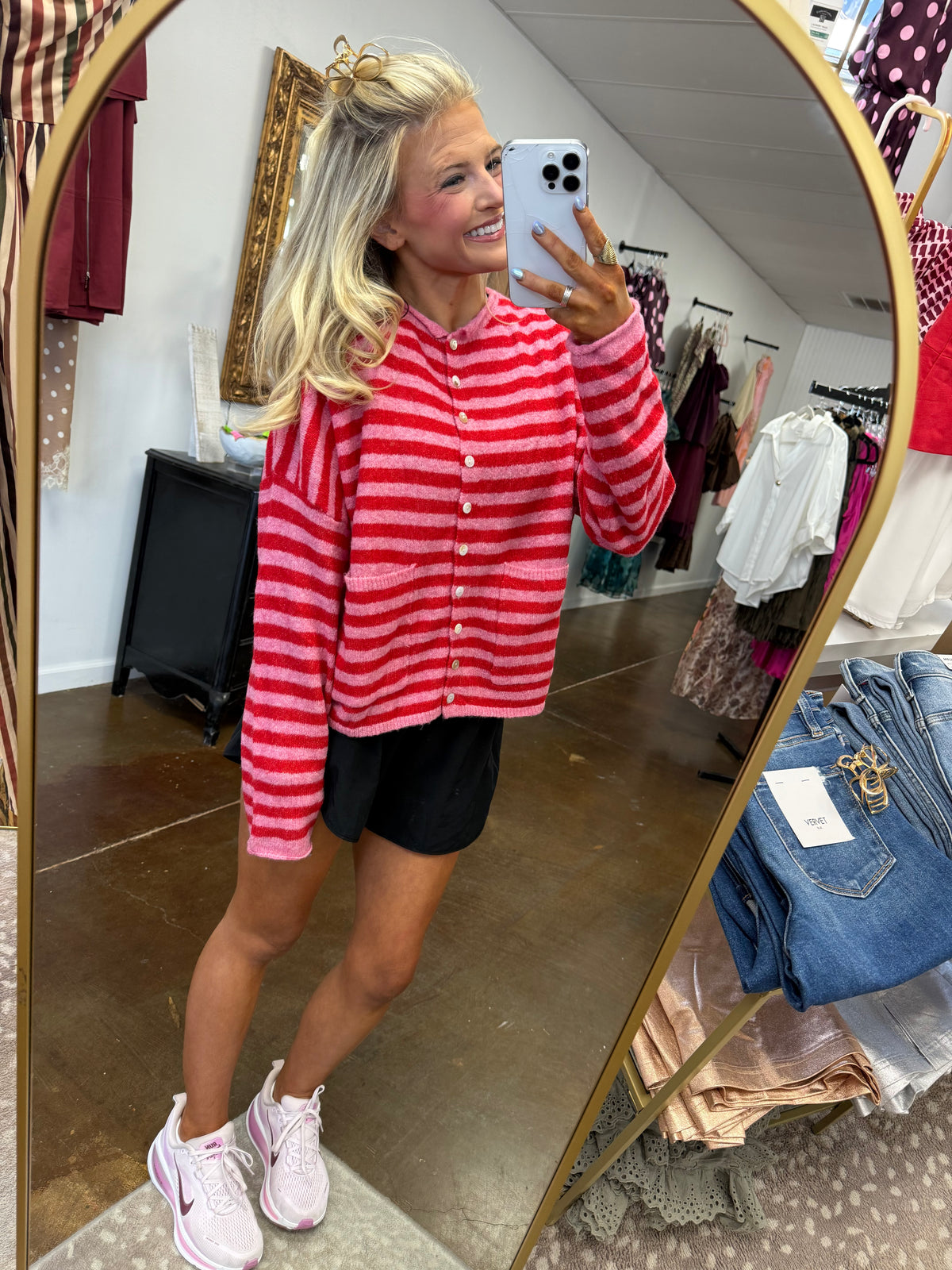 Camilla Two-Tone Striped Cardigan - Red/Pink