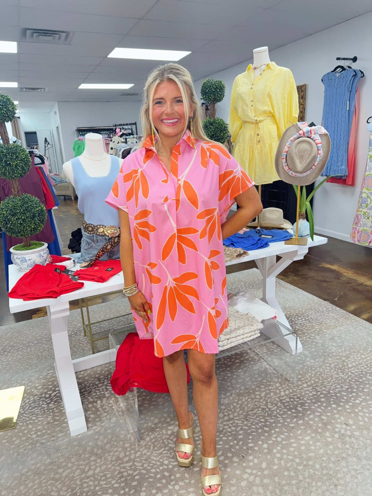 Palm Leaf Floral VNeck Signature Shirt Dress