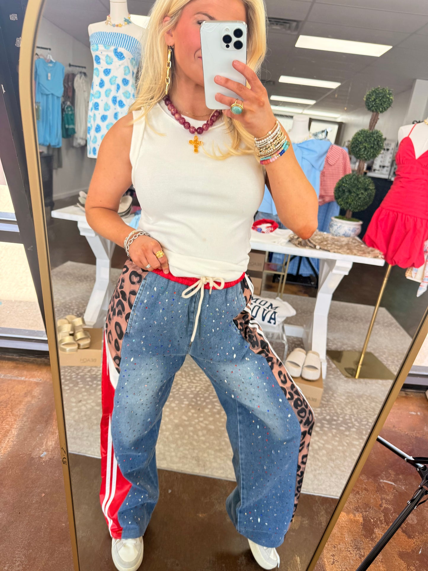 Rhinestone & Leopard Denim Track Pant