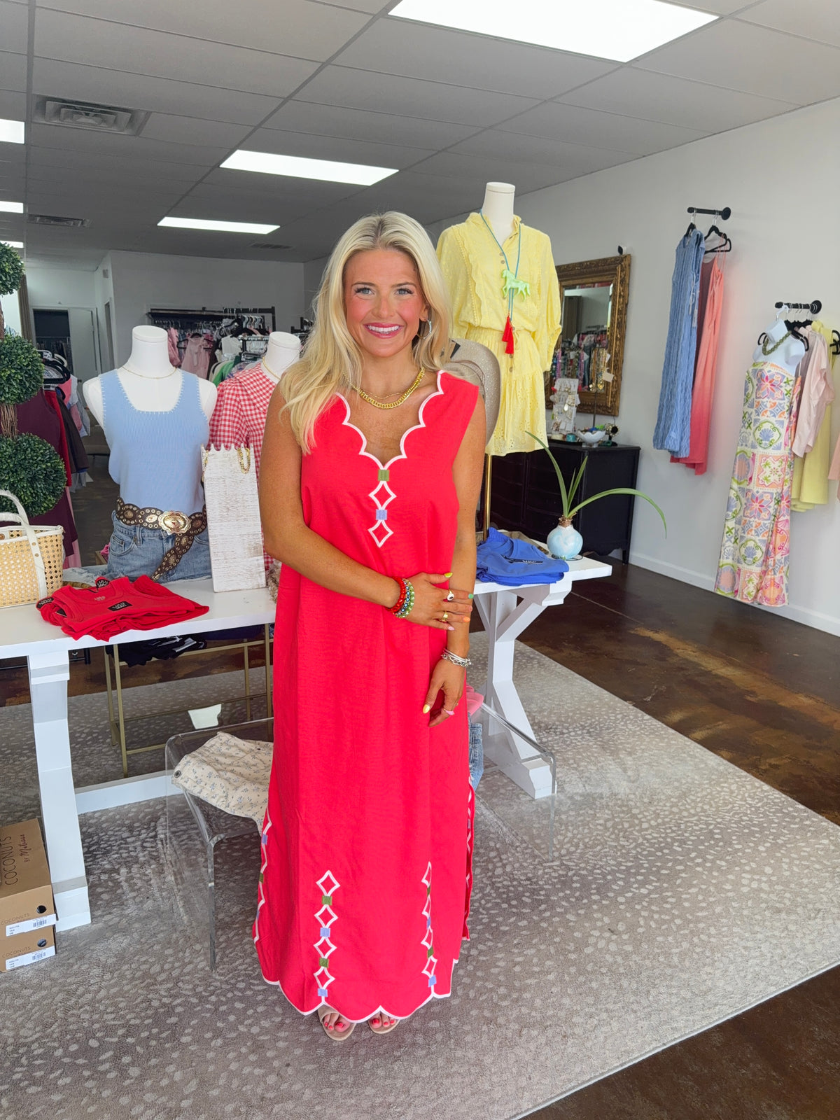 Solid V-Neck Scallop Maxi Dress with Embroidery