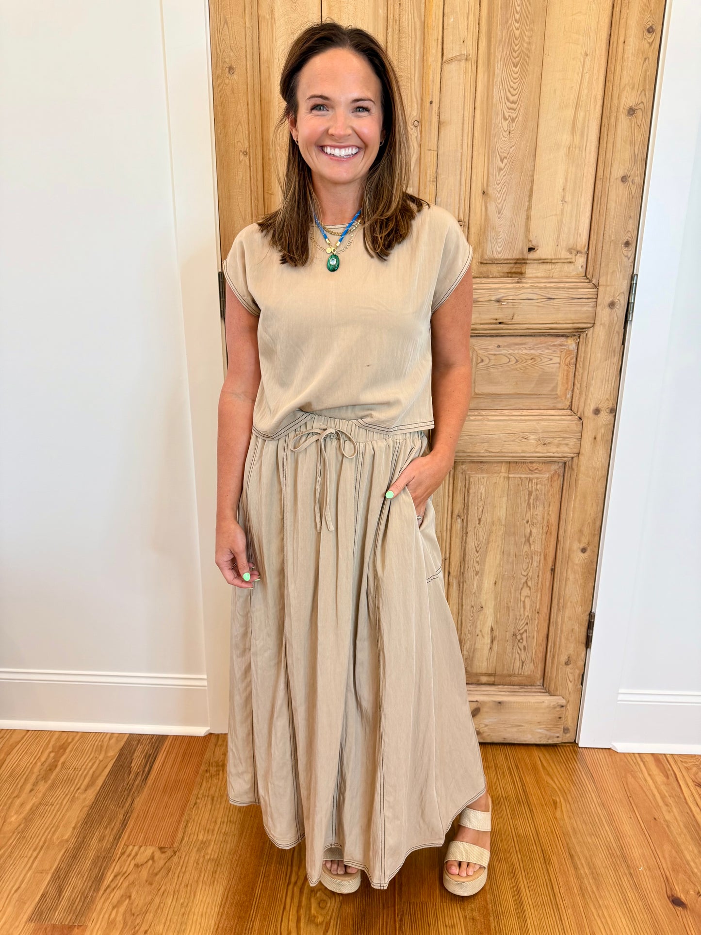 Top Stitch Cap Sleeve Top & Midi Skirt Set