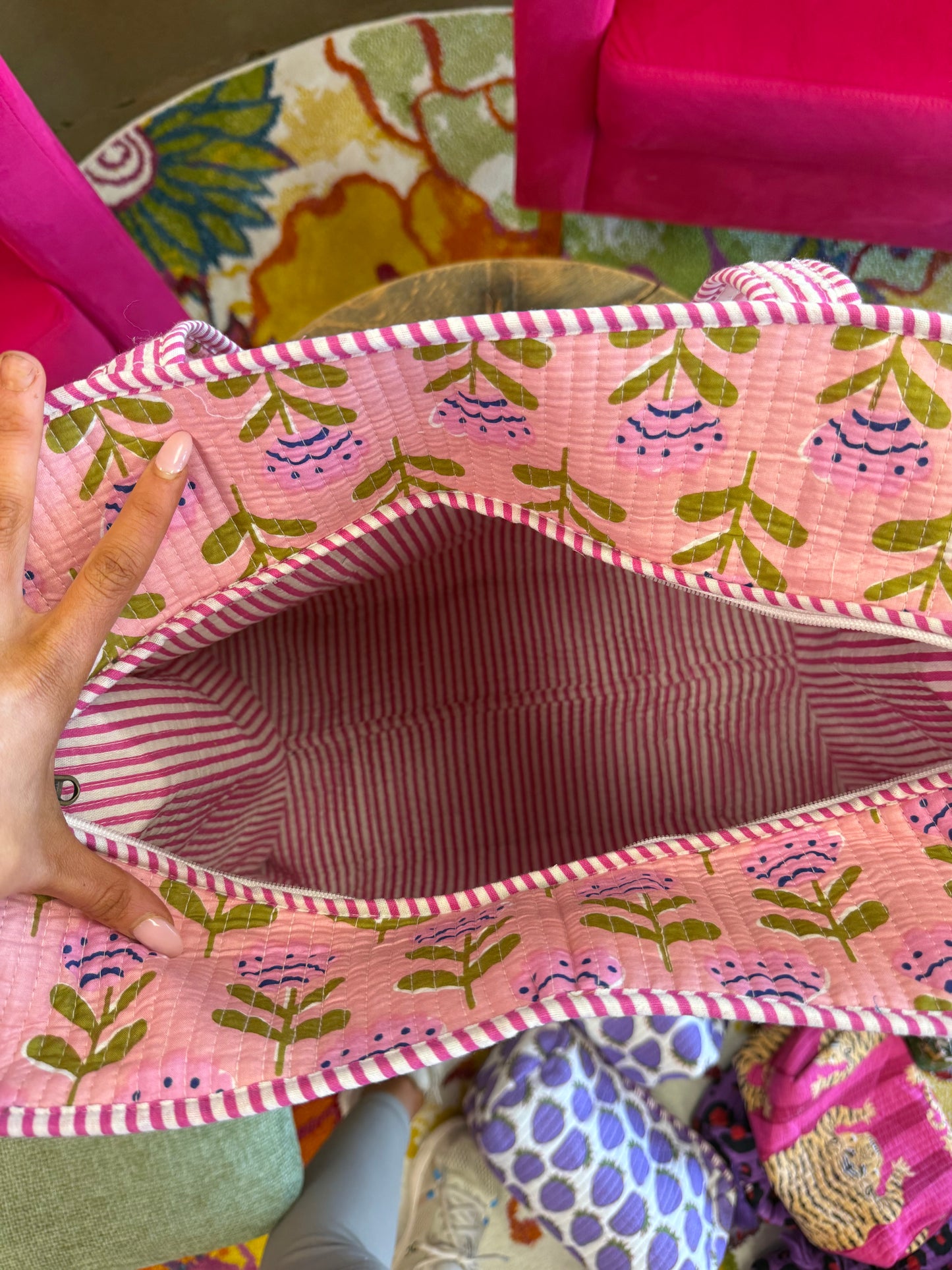 Large Quilted Tote Bag - Light Pink Flowers