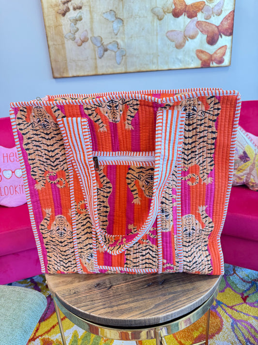 Large Quilted Tote Bags - Pink & Orange Tiger