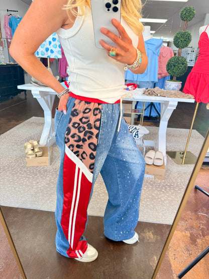 Rhinestone & Leopard Denim Track Pant