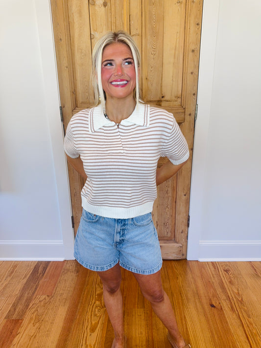 Striped Short Sleeve Collar Knit Top