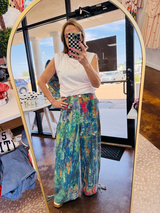 Mid Rise Splatter Wide Leg Denim Pants