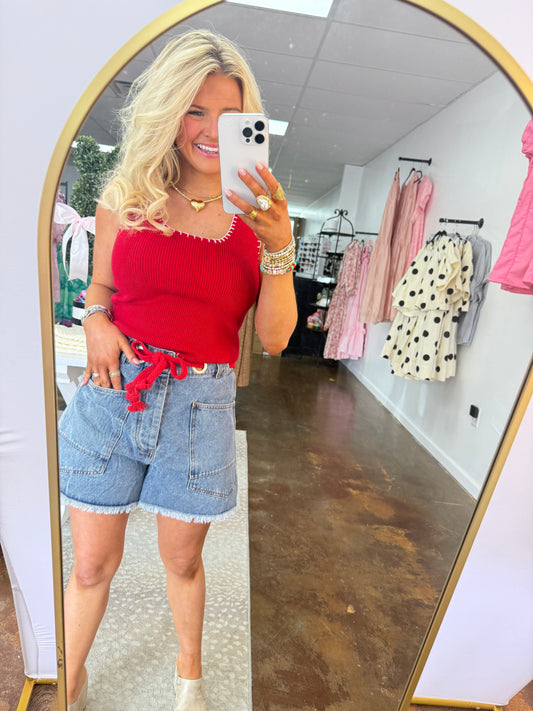 Denim Shorts with Red Rope Belt