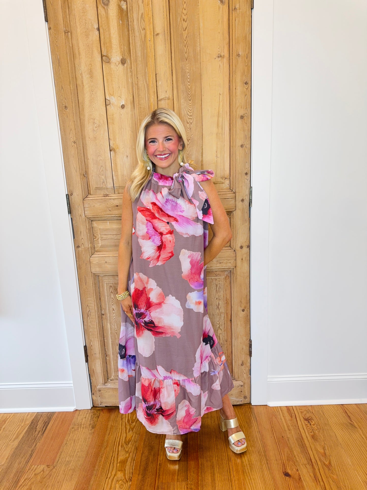 Reece Tie Neck Floral Midi Dress - Mauve