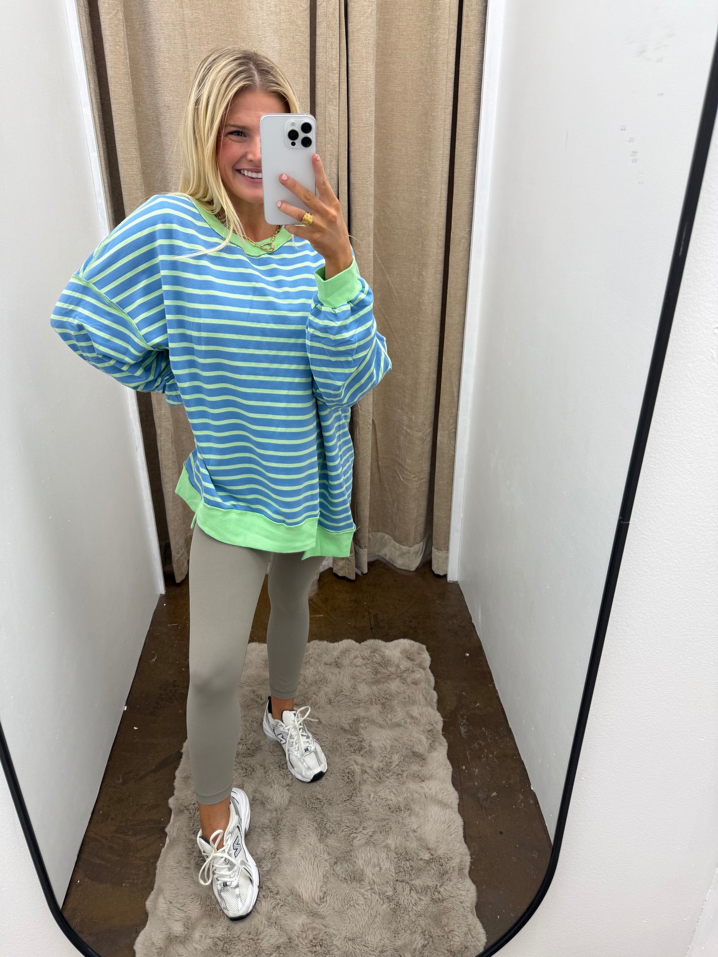 Sky Blue Stripe Constrast Trim High Low Pullover