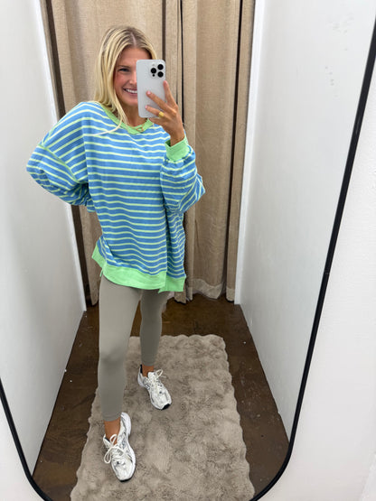 Sky Blue Stripe Constrast Trim High Low Pullover