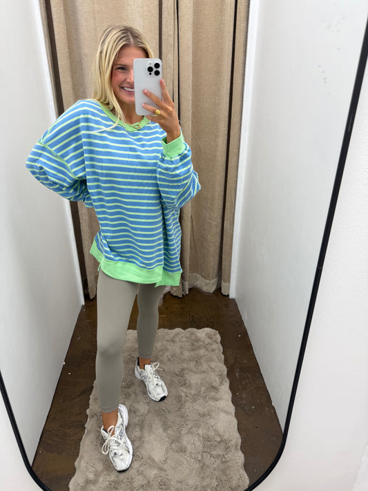 Sky Blue Stripe Constrast Trim High Low Pullover