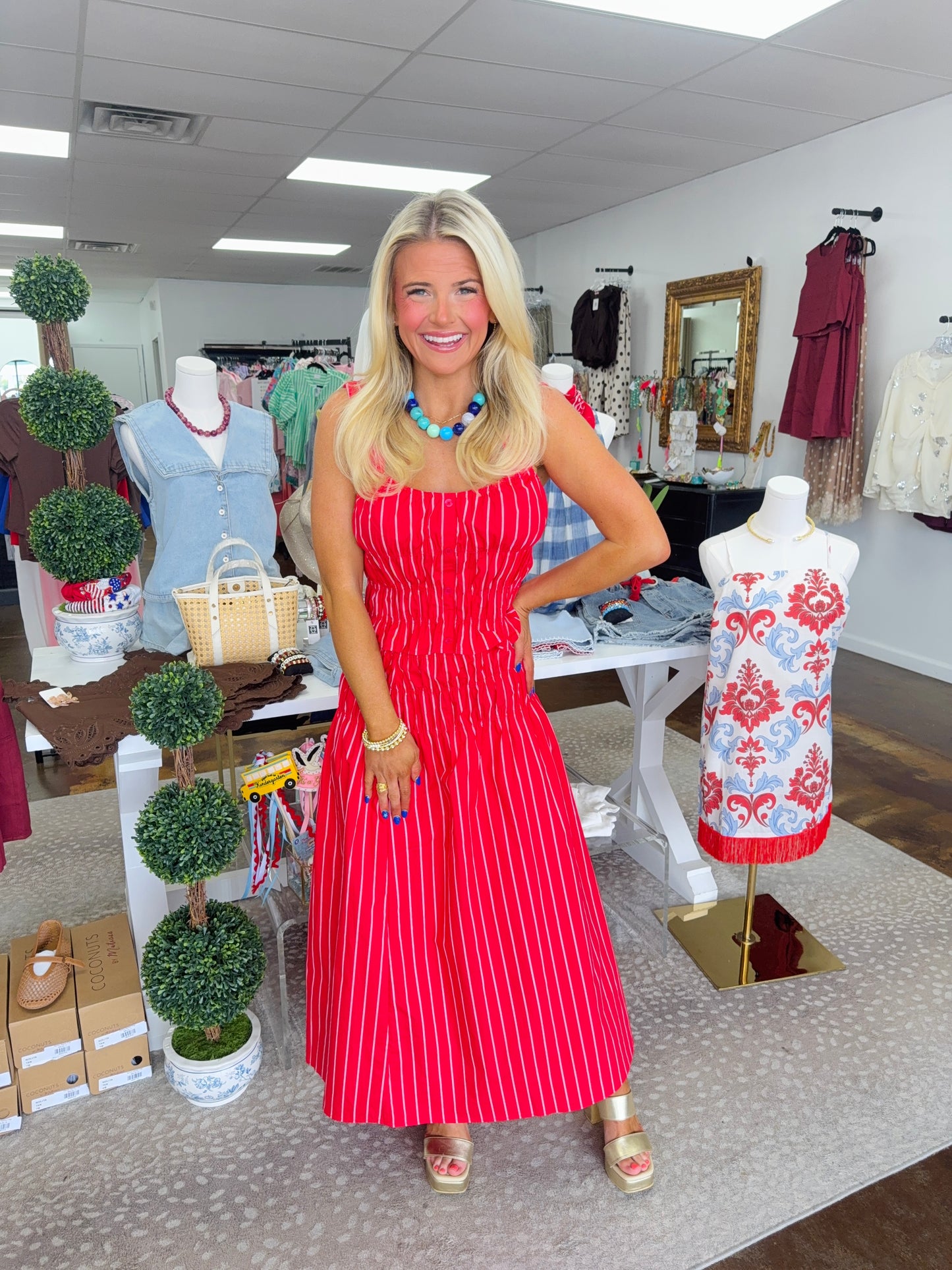Sophie Striped Smocked Top & Smocked Waist Midi Skirt Set