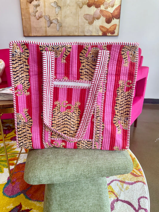 Large Quilted Tote Bags - Pink & Red Tiger