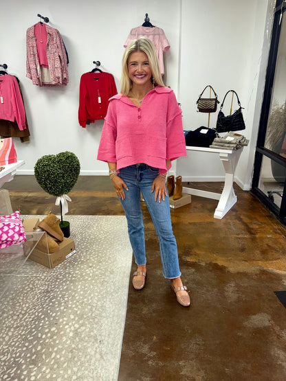 Textured Sweater Knit Knotched V-Neck Top