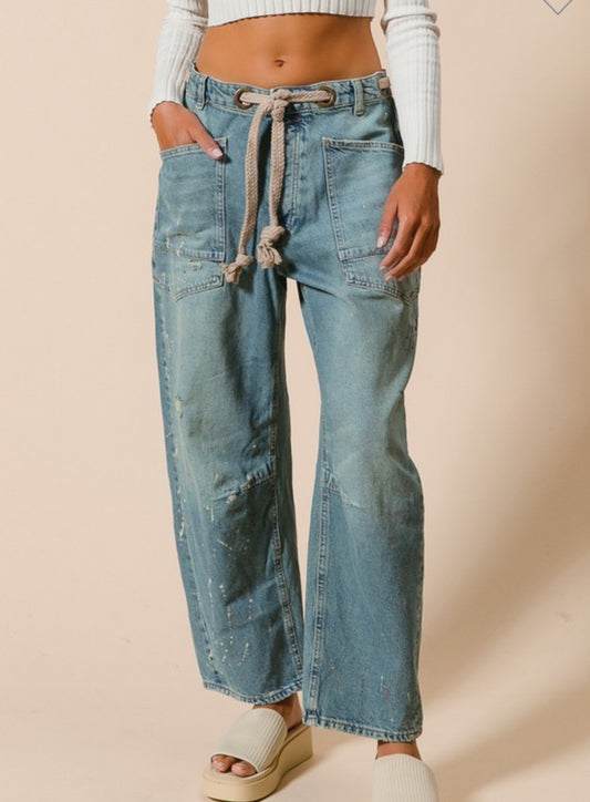 BRAIDED WAIST BELT DRIP WASHED DENIM