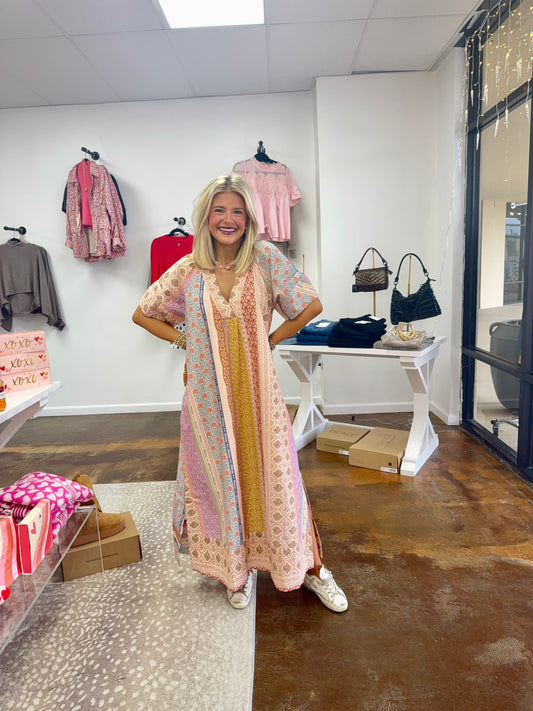 Patchwork V-Neck Kaftan Dress