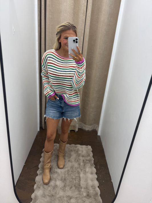 Striped Crochet Drop Shoulder Sweater