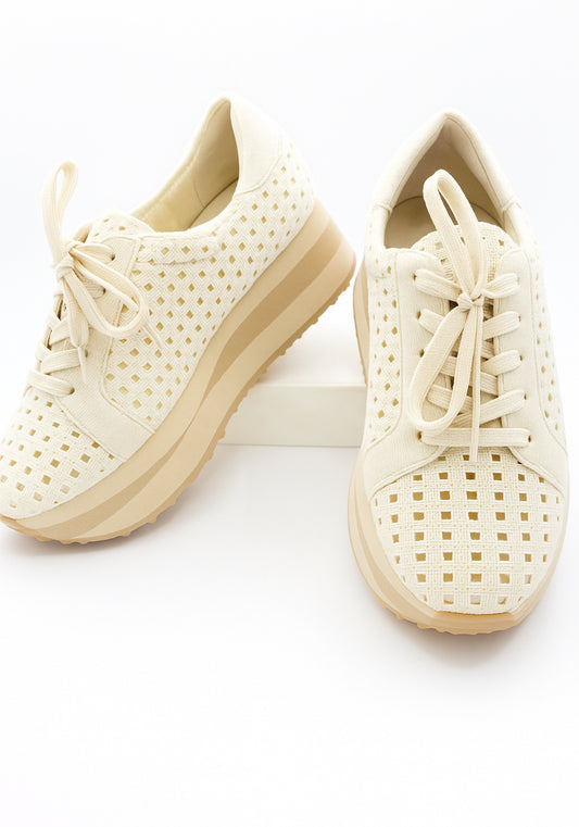 White Platform Sneaker with Gold Metallic Detail