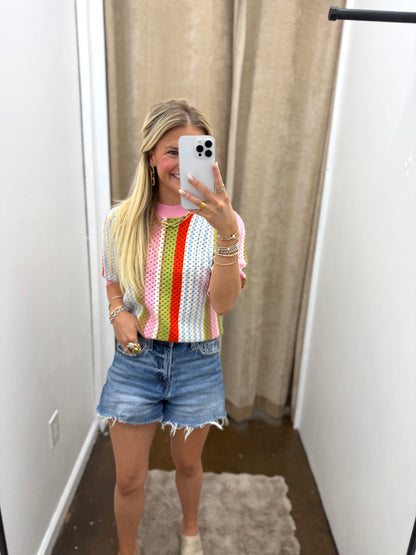 Short Sleeve Multi Color Knit Top