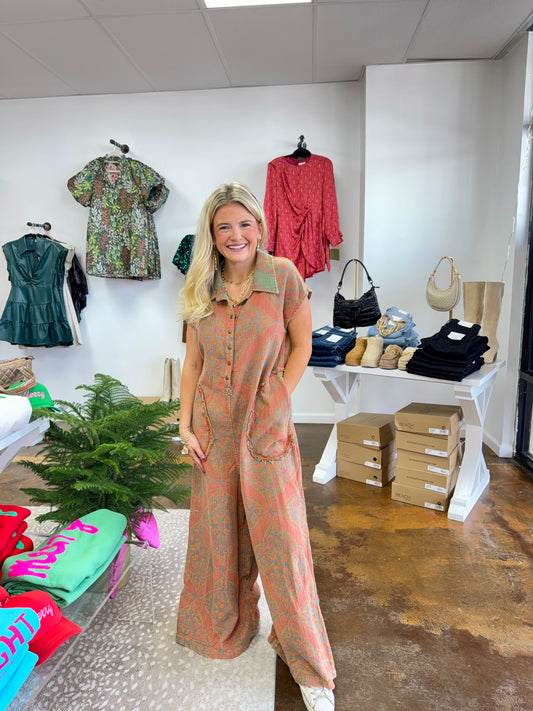 Button Up Short Sleeve Baggy Jumpsuit