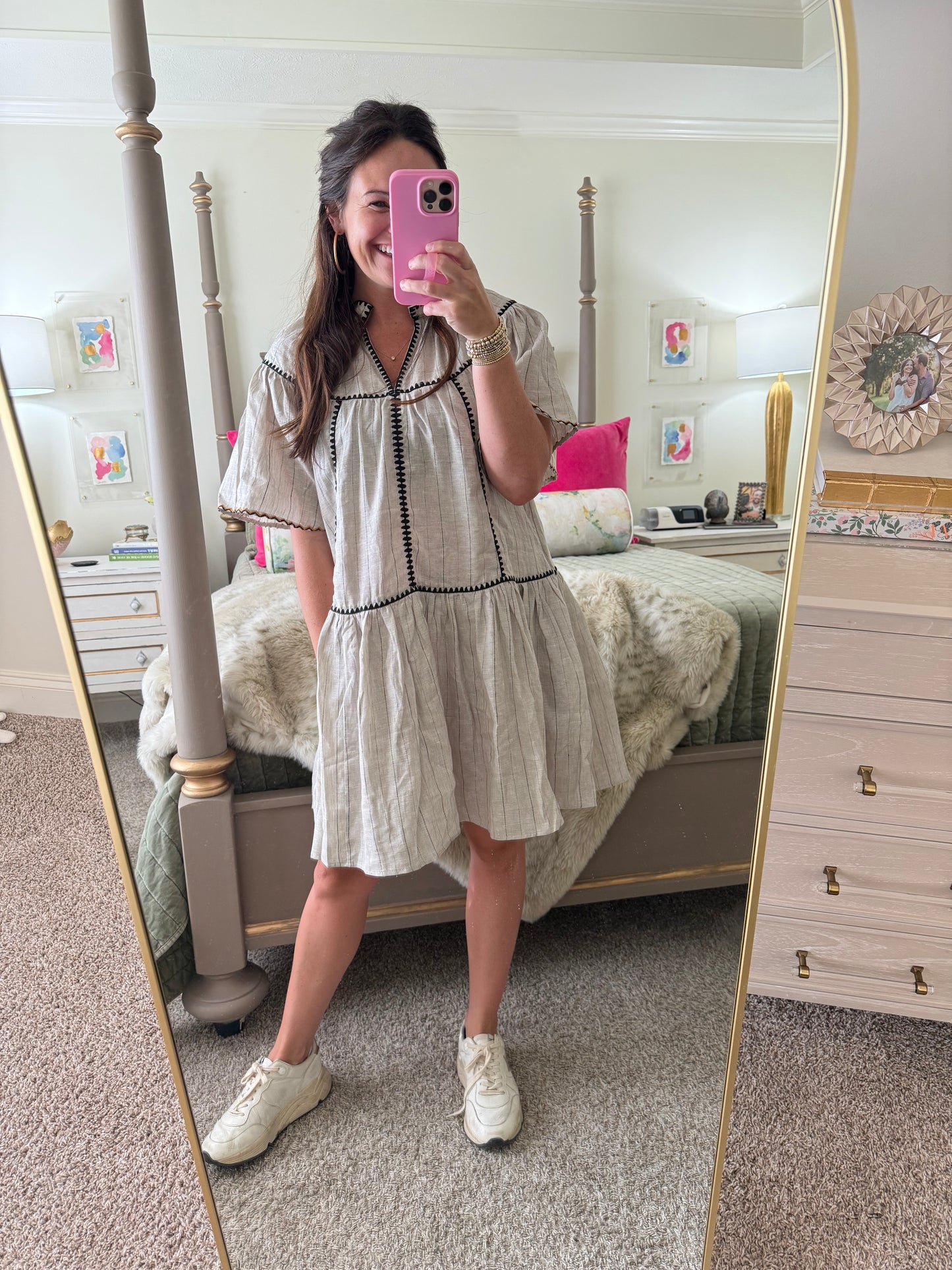 Stripe Linen Embroidery Trim Vneck Dress