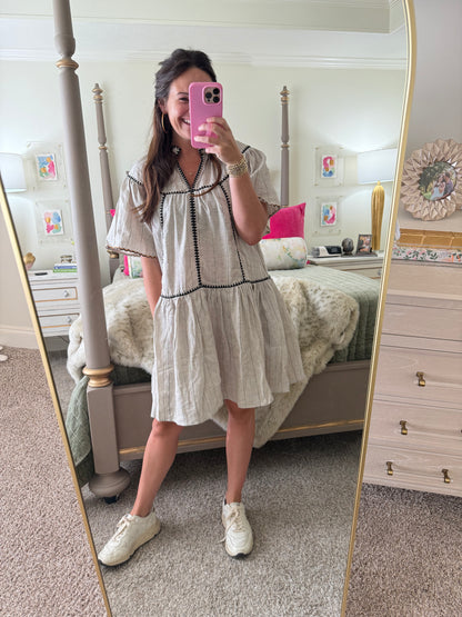 Stripe Linen Embroidery Trim Vneck Dress