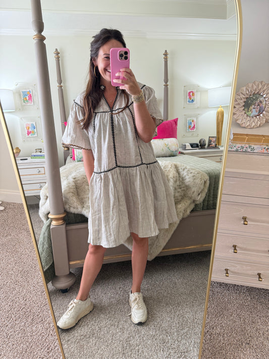 Stripe Linen Embroidery Trim Vneck Dress