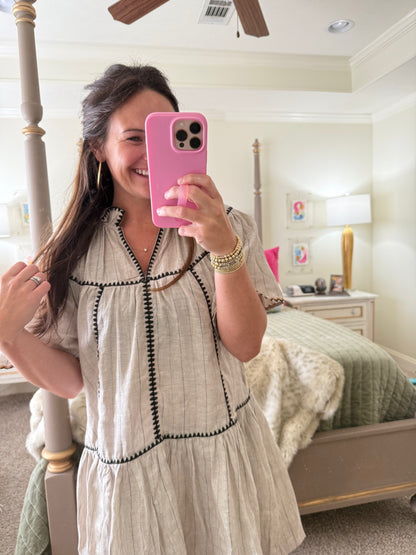 Stripe Linen Embroidery Trim Vneck Dress
