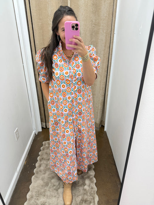 Floral Ruffle Neck Button Maxi