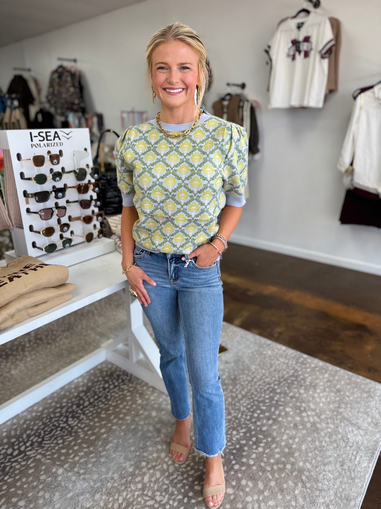Light Blue/Sage Short Sleeve Sweater