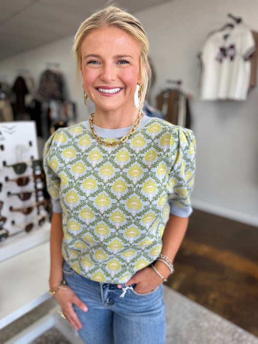 Light Blue/Sage Short Sleeve Sweater