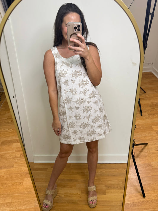 White/Taupe Floral Print Tank Dress