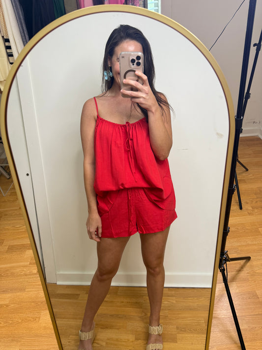 Red Spaghetti Strap Top with Drawstring Shorts