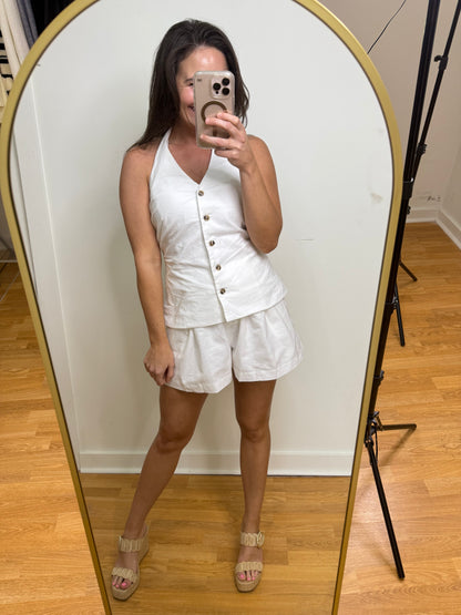 White Halter V-Neck Vest Romper