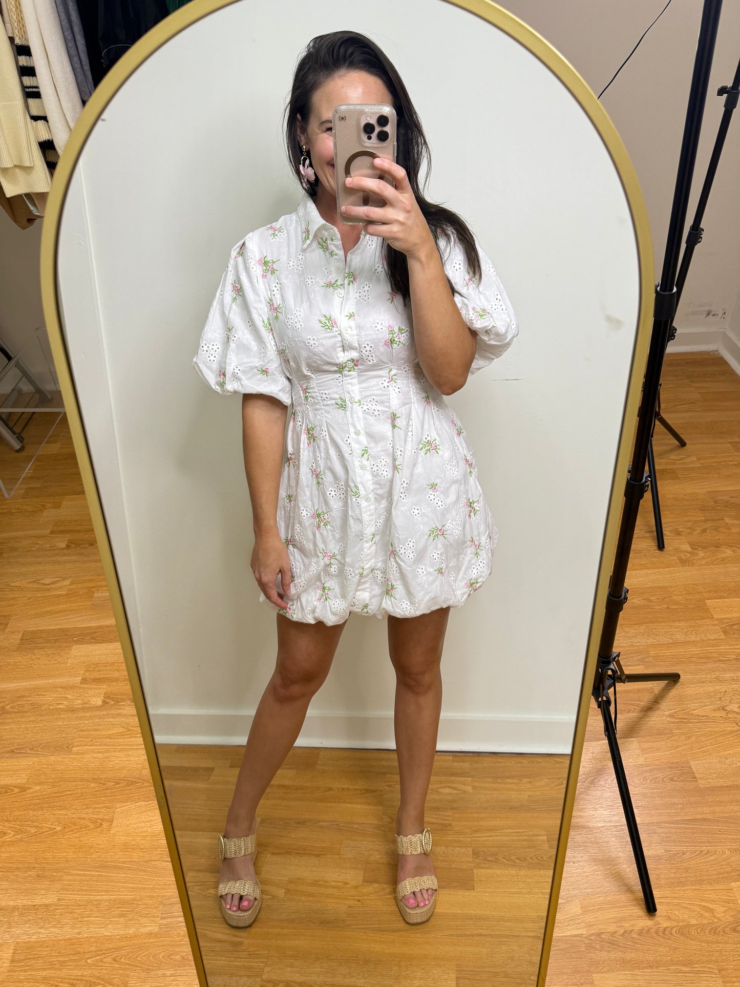 White/Pink Floral Bubble Hem Mini Dress