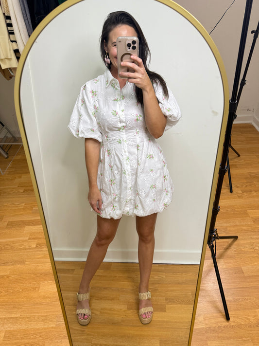 White/Pink Floral Bubble Hem Mini Dress