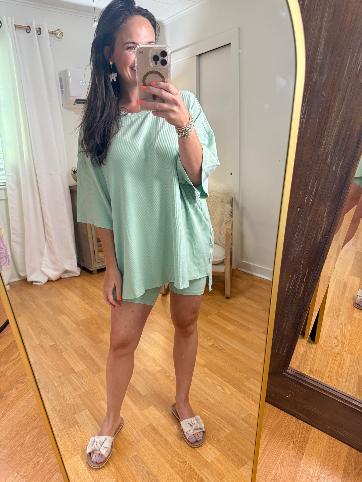 Solid Ribbed Knit Set with Biker Shorts