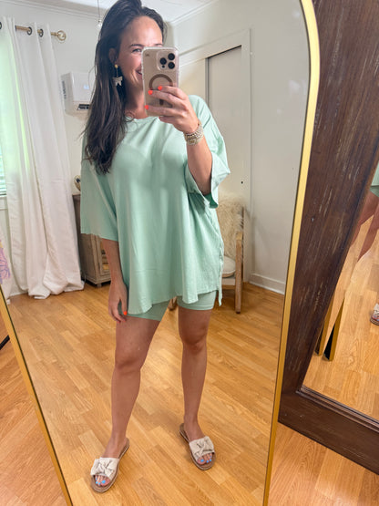 Solid Ribbed Knit Set with Biker Shorts
