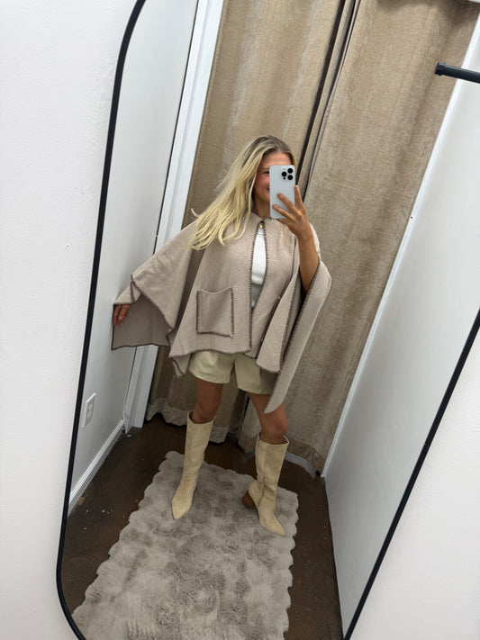 Front Snap Button Closure Knit Poncho