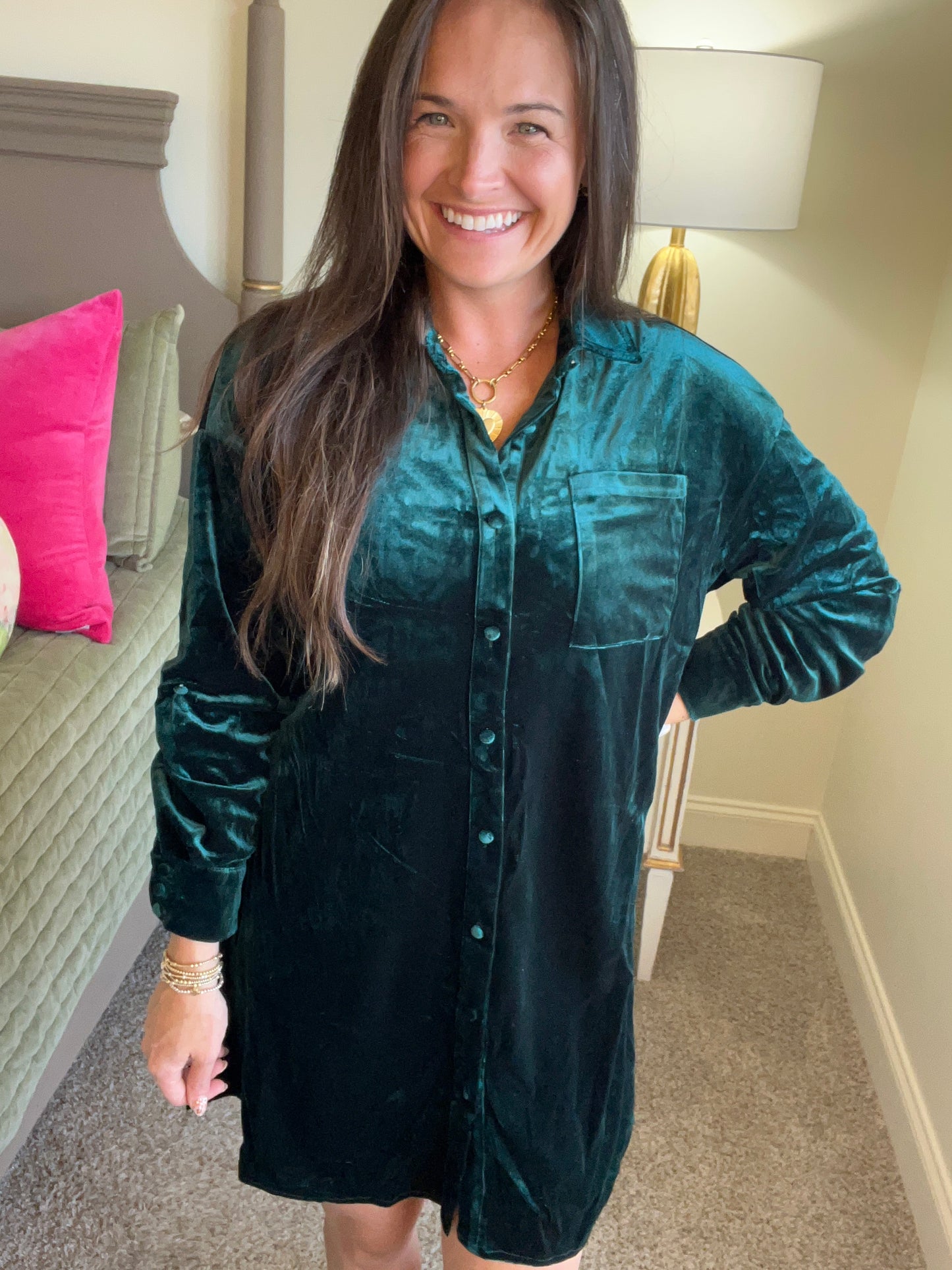 Green Velvet Button Down Dress